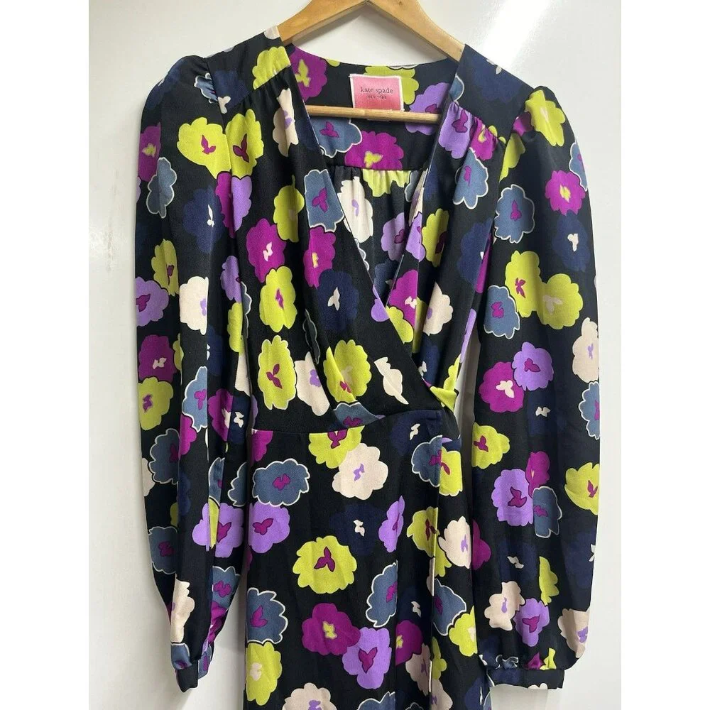 NEW Kate Spade Winter Garden Midi in Black Floral Print Wrap Dress Size 6